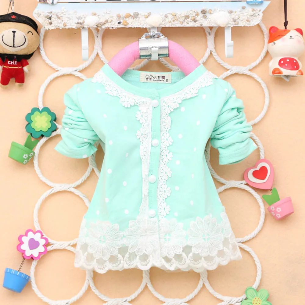 2-4Years Baby Kids Girls Polka Dots Children Outerwear Shirt Long Sleeve Lace Pearl Cardigan Dress Coat Clothing SM6