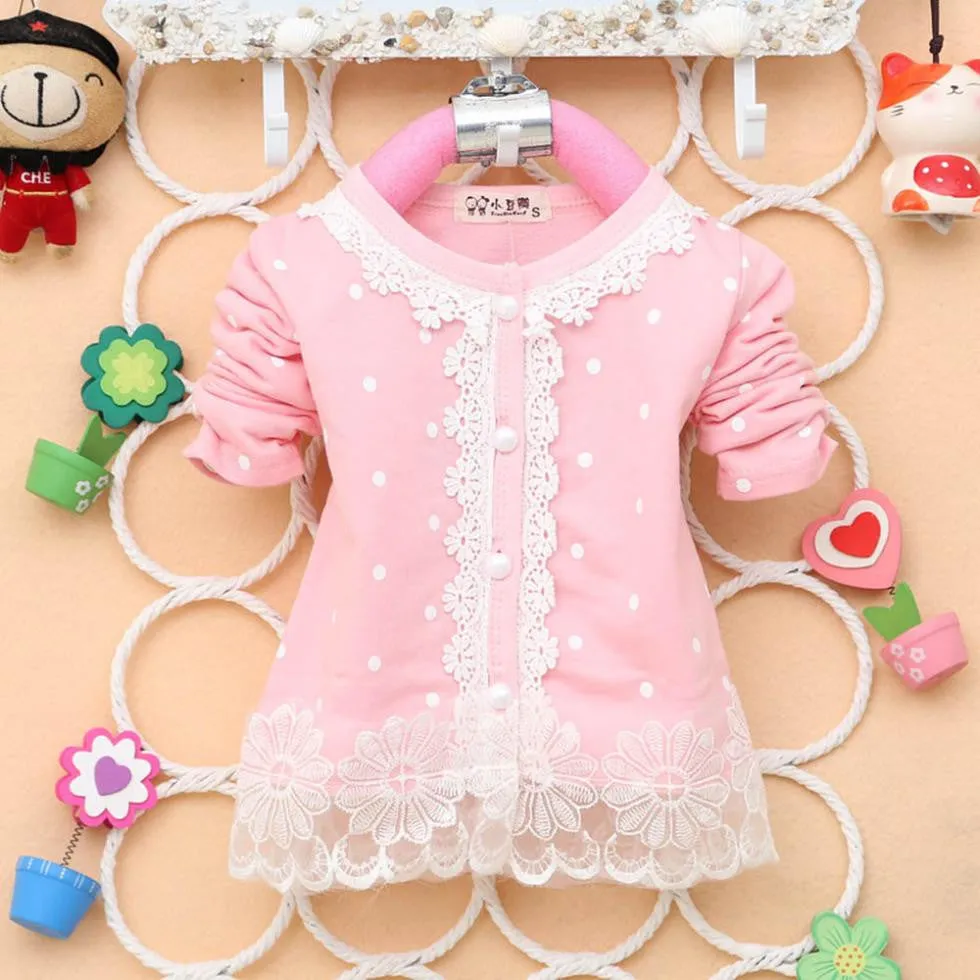 2-4Years Baby Kids Girls Polka Dots Children Outerwear Shirt Long Sleeve Lace Pearl Cardigan Dress Coat Clothing SM6