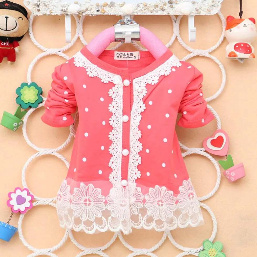 2-4Years Baby Kids Girls Polka Dots Children Outerwear Shirt Long Sleeve Lace Pearl Cardigan Dress Coat Clothing SM6