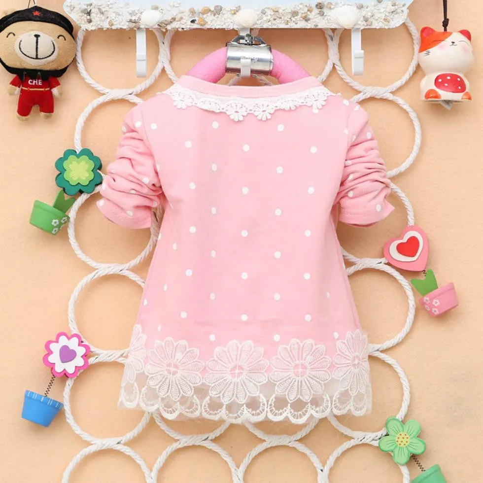 2-4Years Baby Kids Girls Polka Dots Children Outerwear Shirt Long Sleeve Lace Pearl Cardigan Dress Coat Clothing SM6