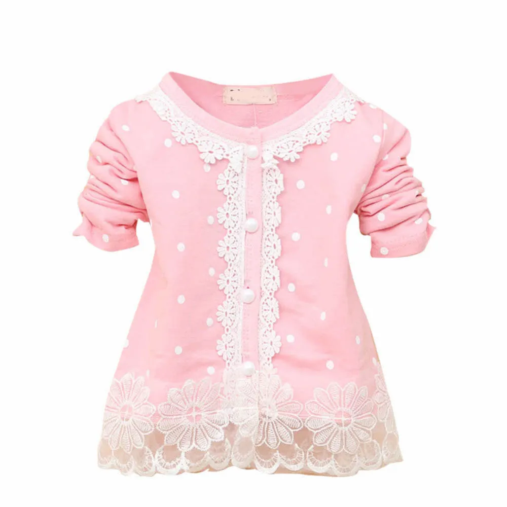 2-4Years Baby Kids Girls Polka Dots Children Outerwear Shirt Long Sleeve Lace Pearl Cardigan Dress Coat Clothing SM6