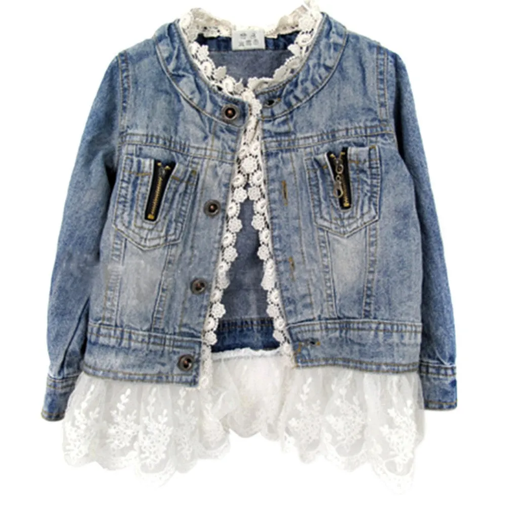 2-7Years Jean Jacket Girls Kids Denim Lace Coat Long Sleeve Botton Children Outwear ClothesSM6