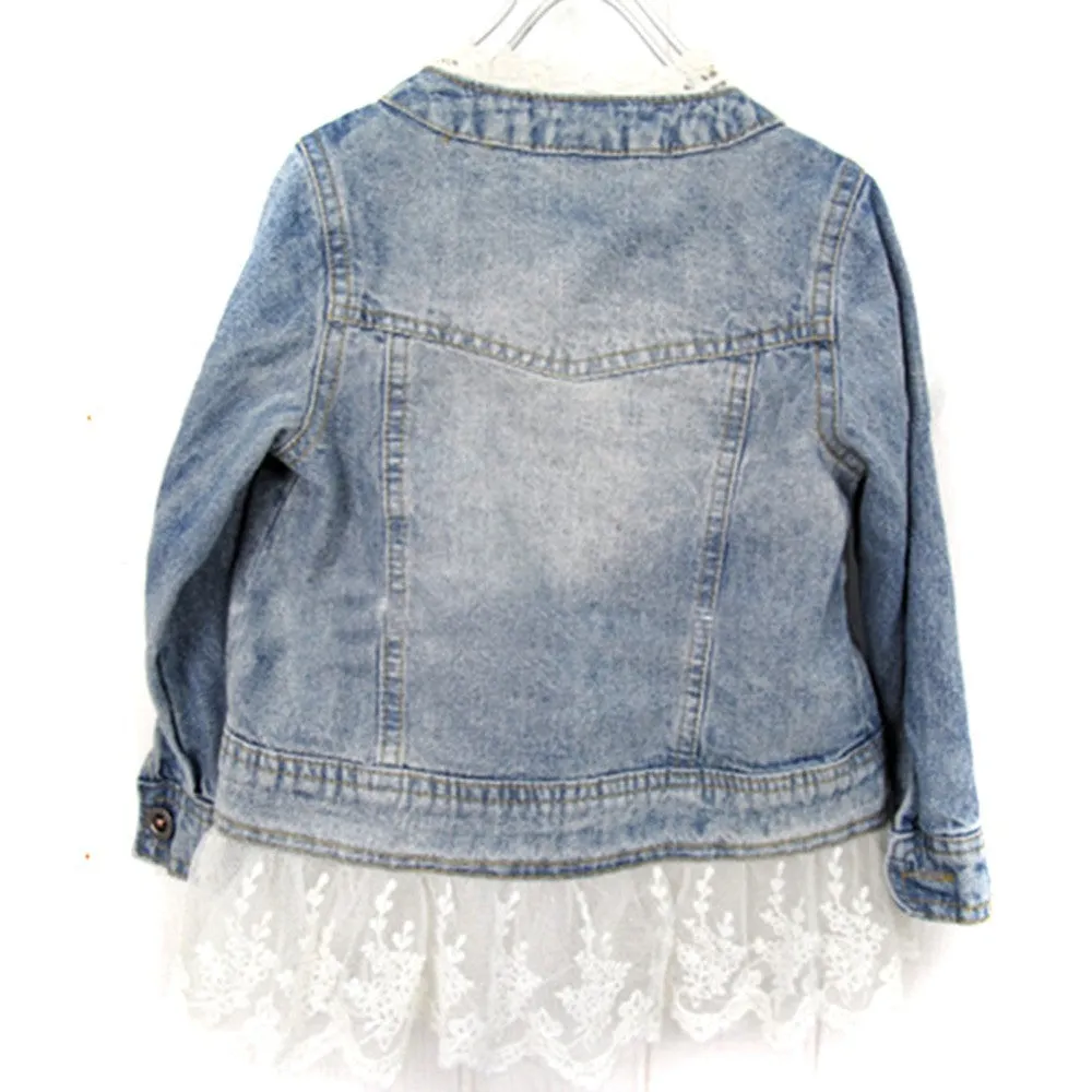 2-7Years Jean Jacket Girls Kids Denim Lace Coat Long Sleeve Botton Children Outwear ClothesSM6