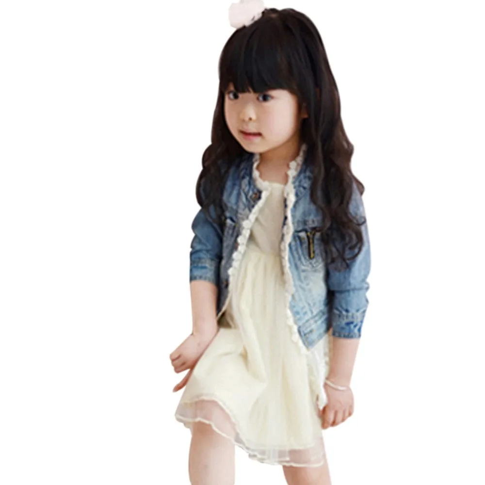 2-7Years Jean Jacket Girls Kids Denim Lace Coat Long Sleeve Botton Children Outwear ClothesSM6