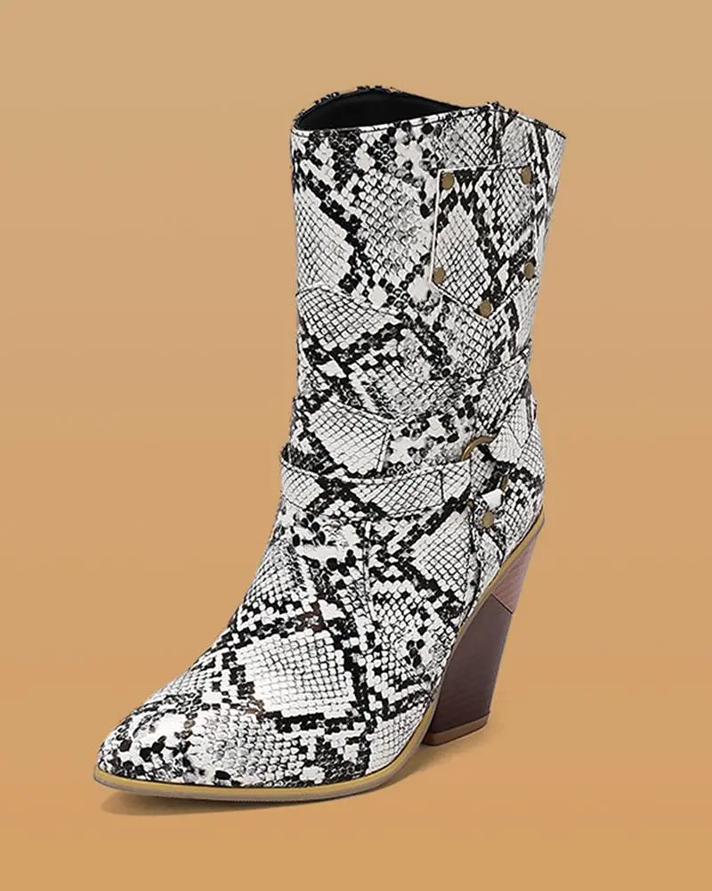 Animal Pattern Rivet Ankle Boots