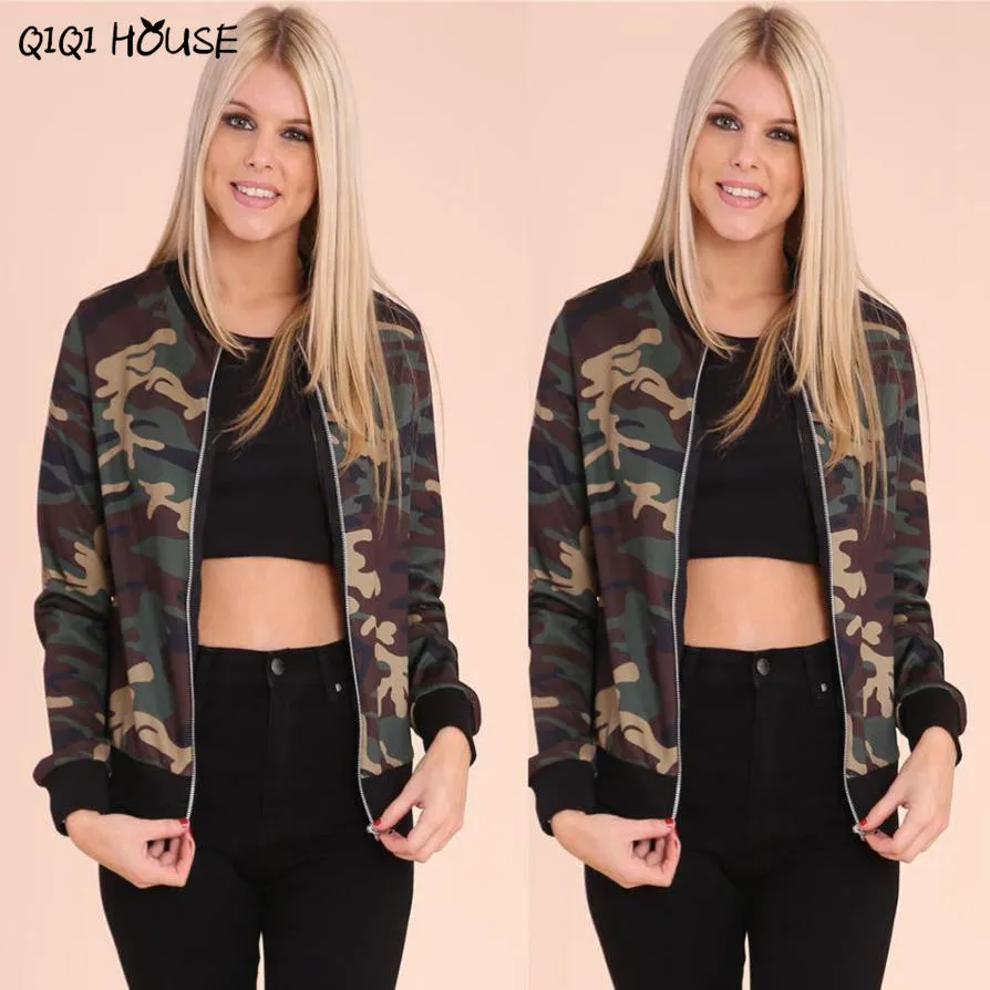 Autumn Jacket Women Casual Print Camouflage Loose Long Sleeve Coats Women Stand Collar Bomber Jacket Veste Femme#C907 SM6