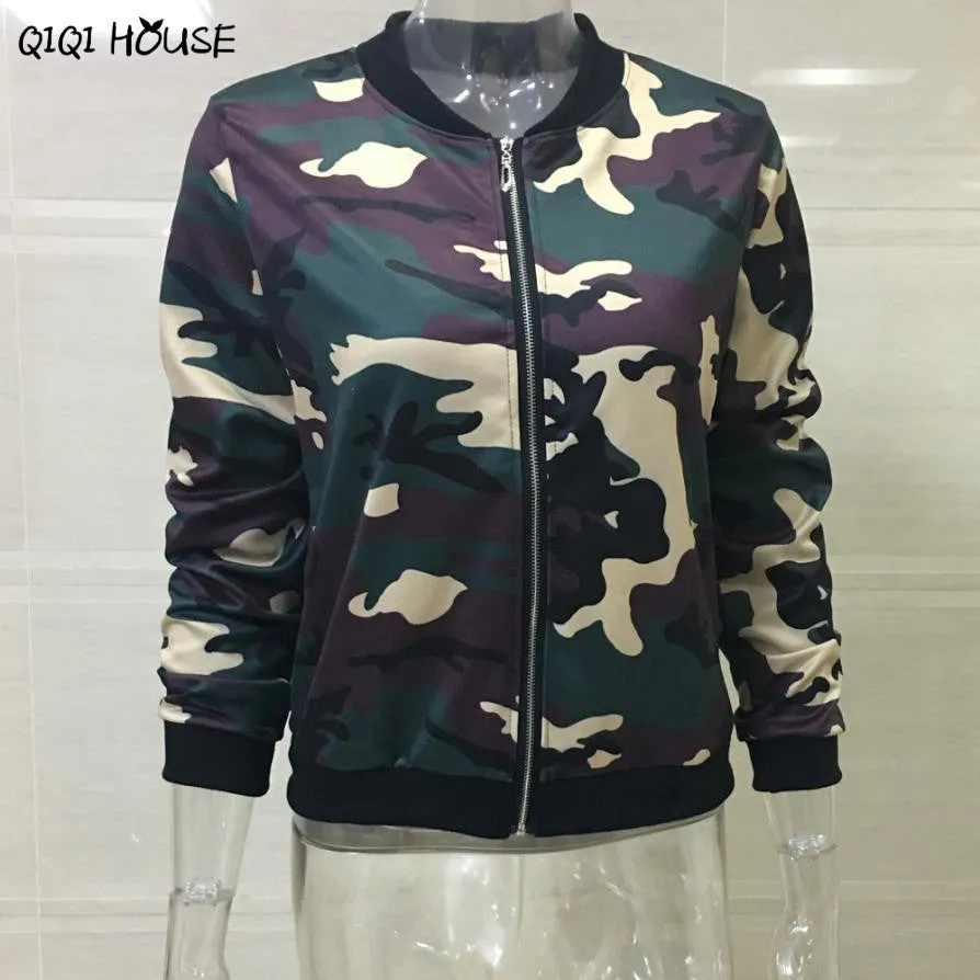 Autumn Jacket Women Casual Print Camouflage Loose Long Sleeve Coats Women Stand Collar Bomber Jacket Veste Femme#C907 SM6