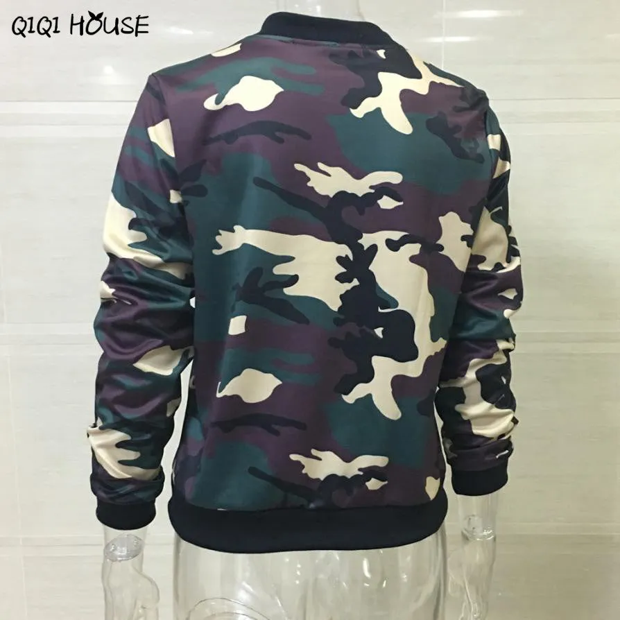 Autumn Jacket Women Casual Print Camouflage Loose Long Sleeve Coats Women Stand Collar Bomber Jacket Veste Femme#C907 SM6