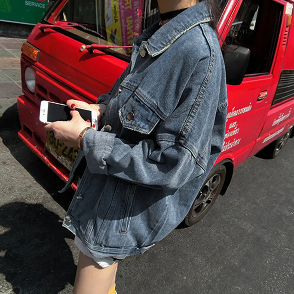 Bf Wind   Women Denim Jacket Vintage Harajuku Oversize Loose Jeans Coat Solid Slim Chaquetas Mujer SM6