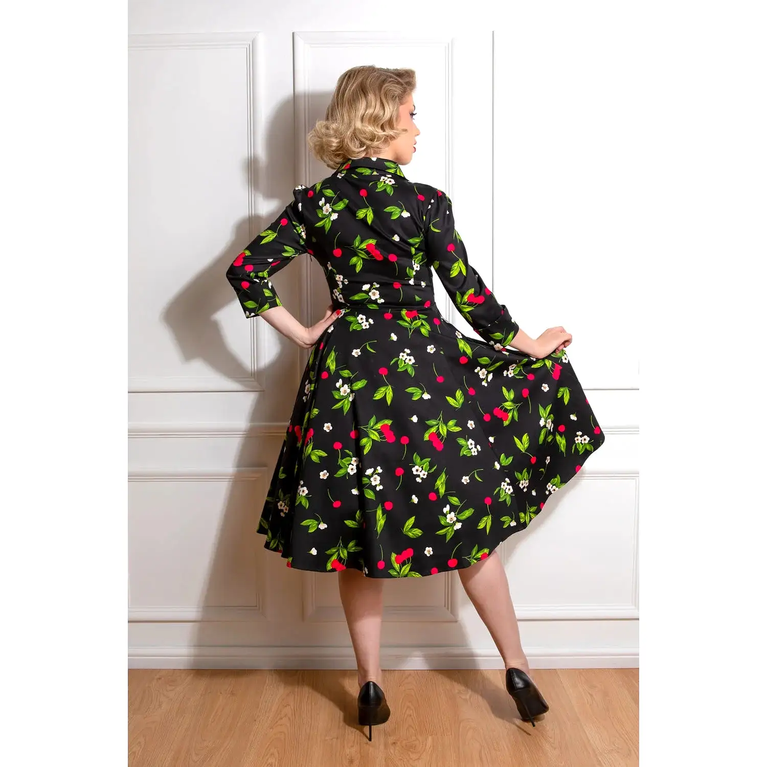 Black & Red Cherry Print Collared V Neck Rockabilly 50s Swing Dress w/ Pockets