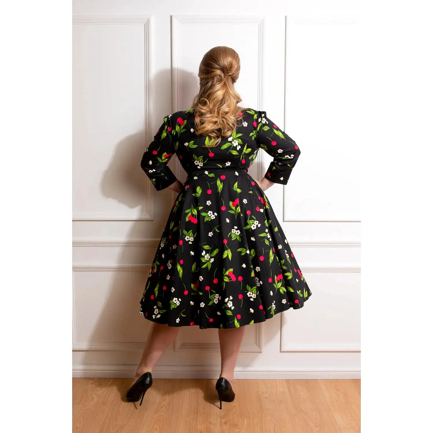 Black & Red Cherry Print Collared V Neck Rockabilly 50s Swing Dress w/ Pockets