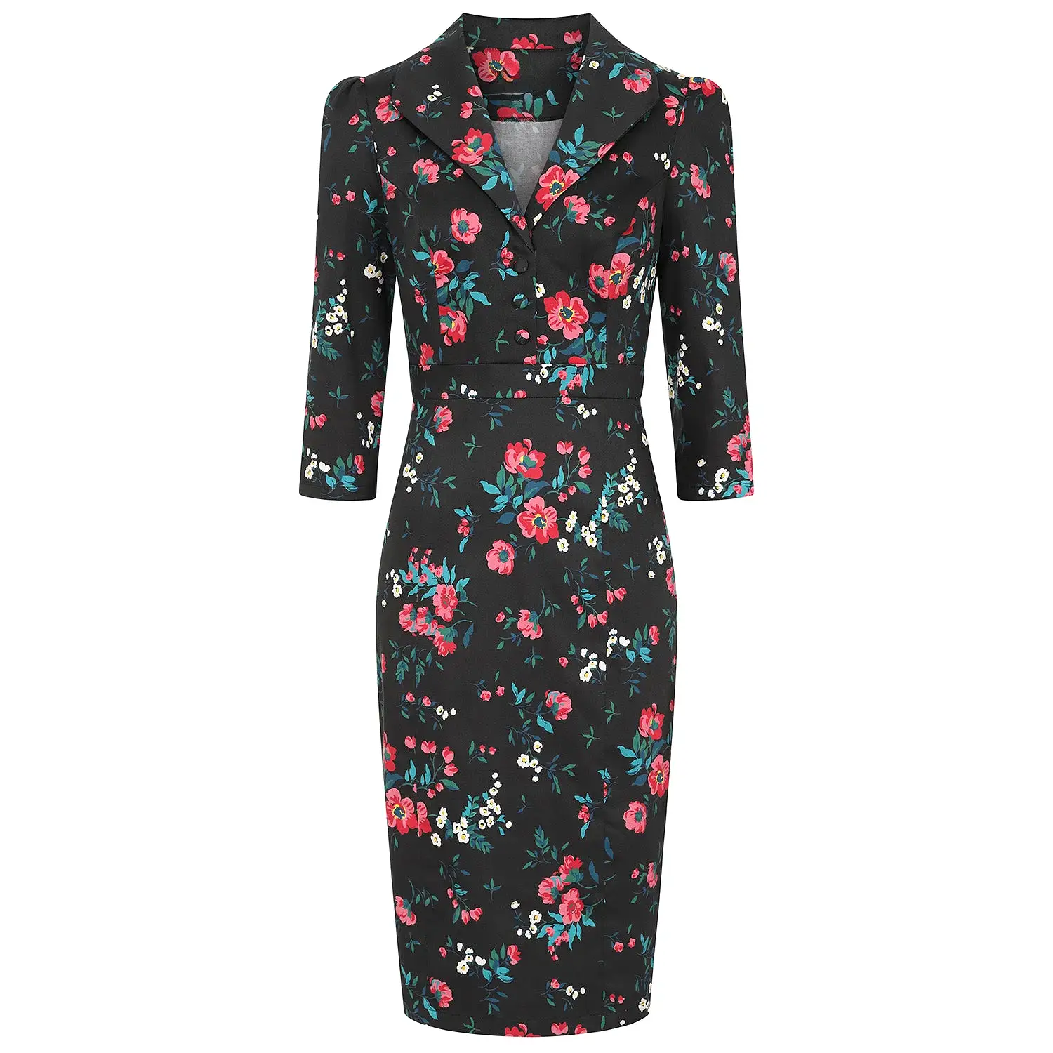 Black Collared Wiggle Dress in a Pink, White & Green Floral Print