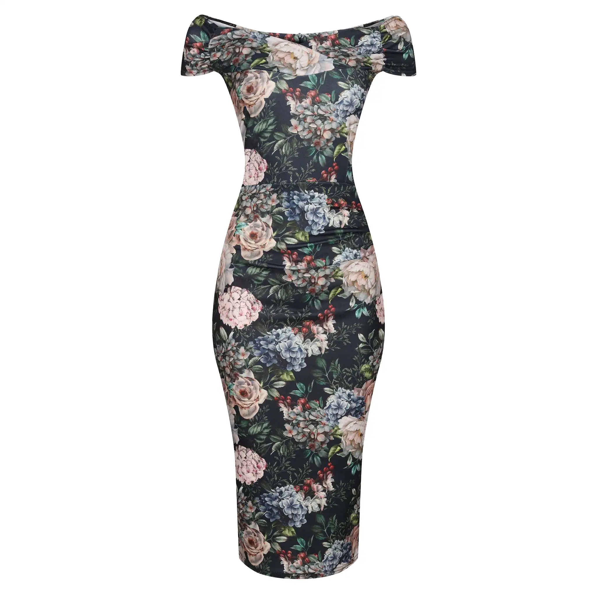 Black Floral Print Cap Sleeve Crossover Top Bardot Pencil Dress