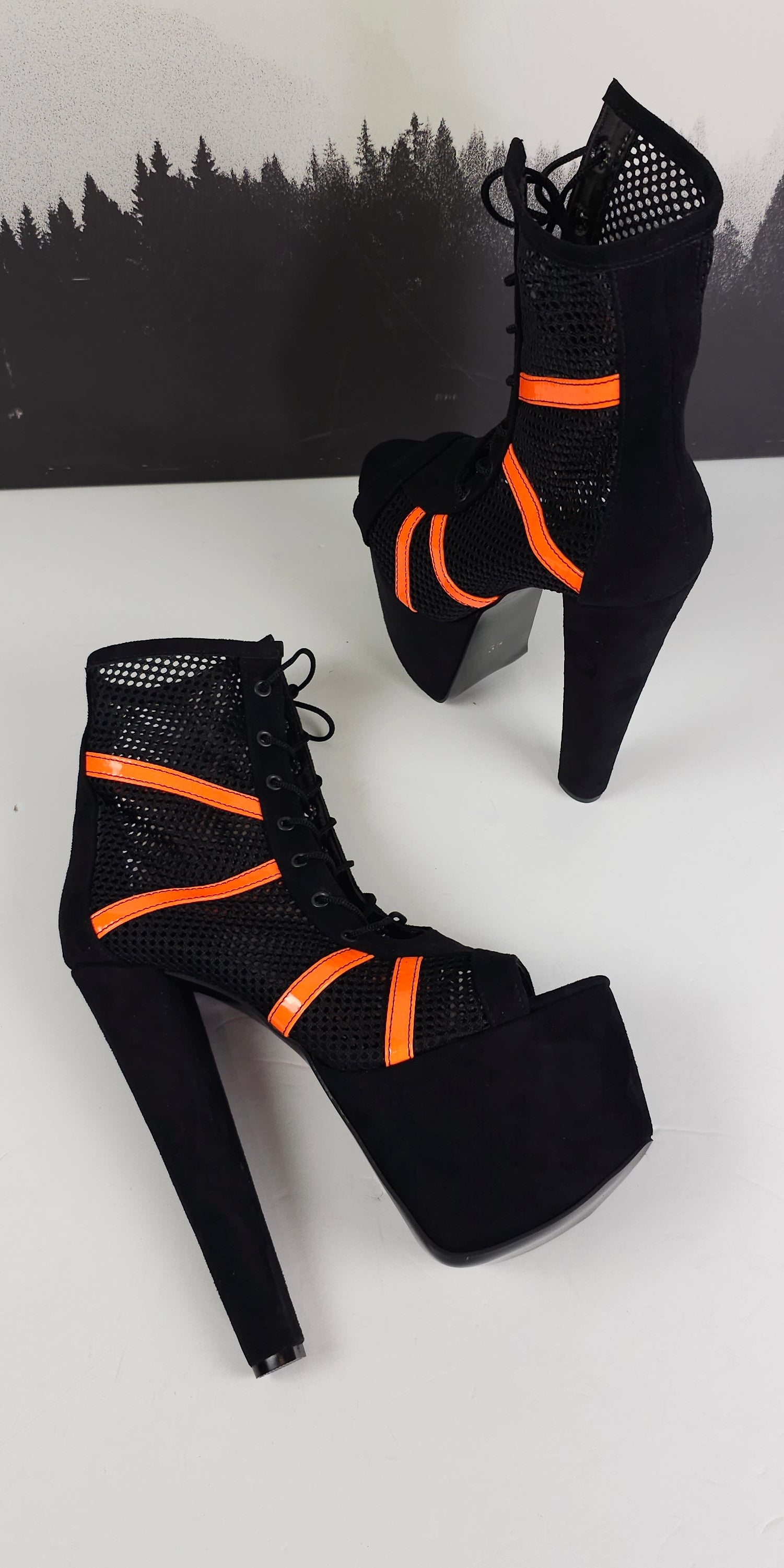 Black Orange Fishnet Platform High Heel Booties