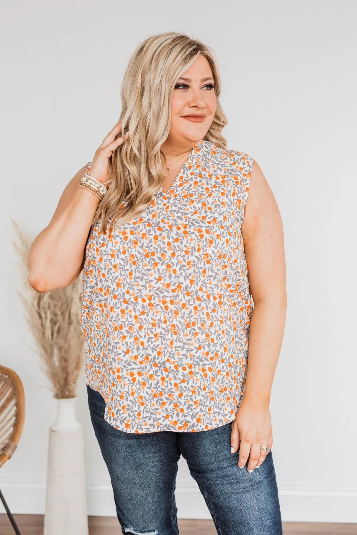 Blooming Hope Floral Sleeveless Blouse- Orange