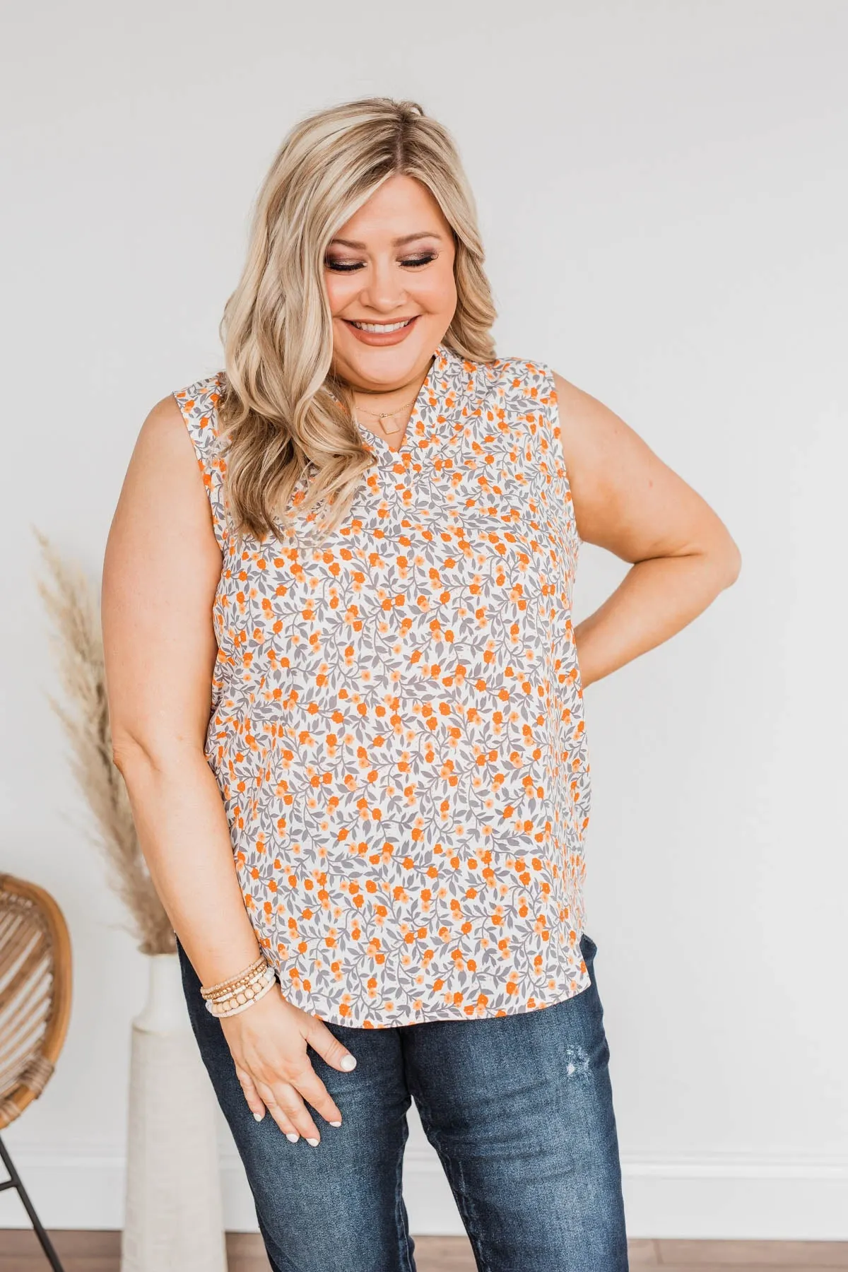 Blooming Hope Floral Sleeveless Blouse- Orange