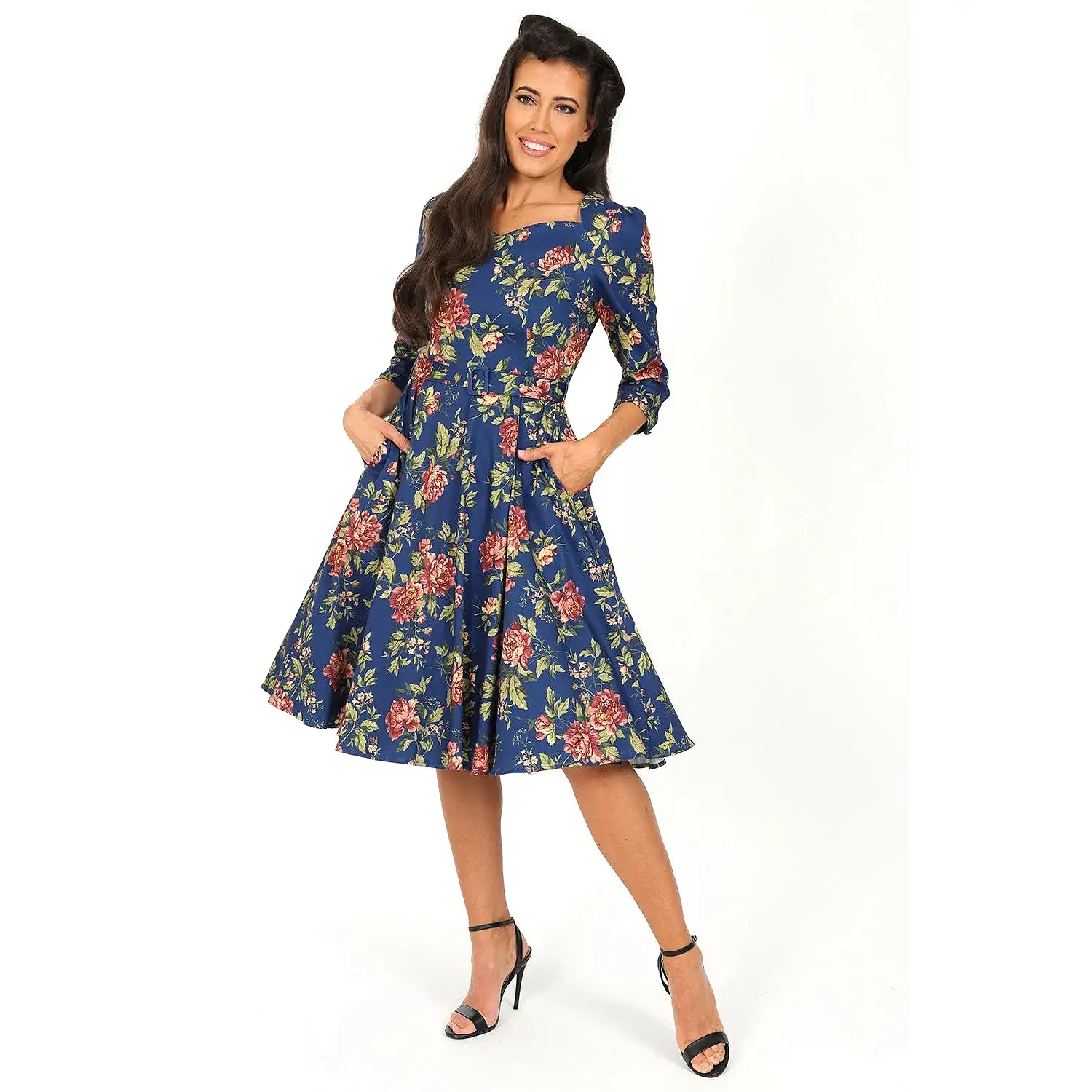 Blue Floral Print 50 Swing Tea Dress w/ Sweetheart Neckline & Pockets