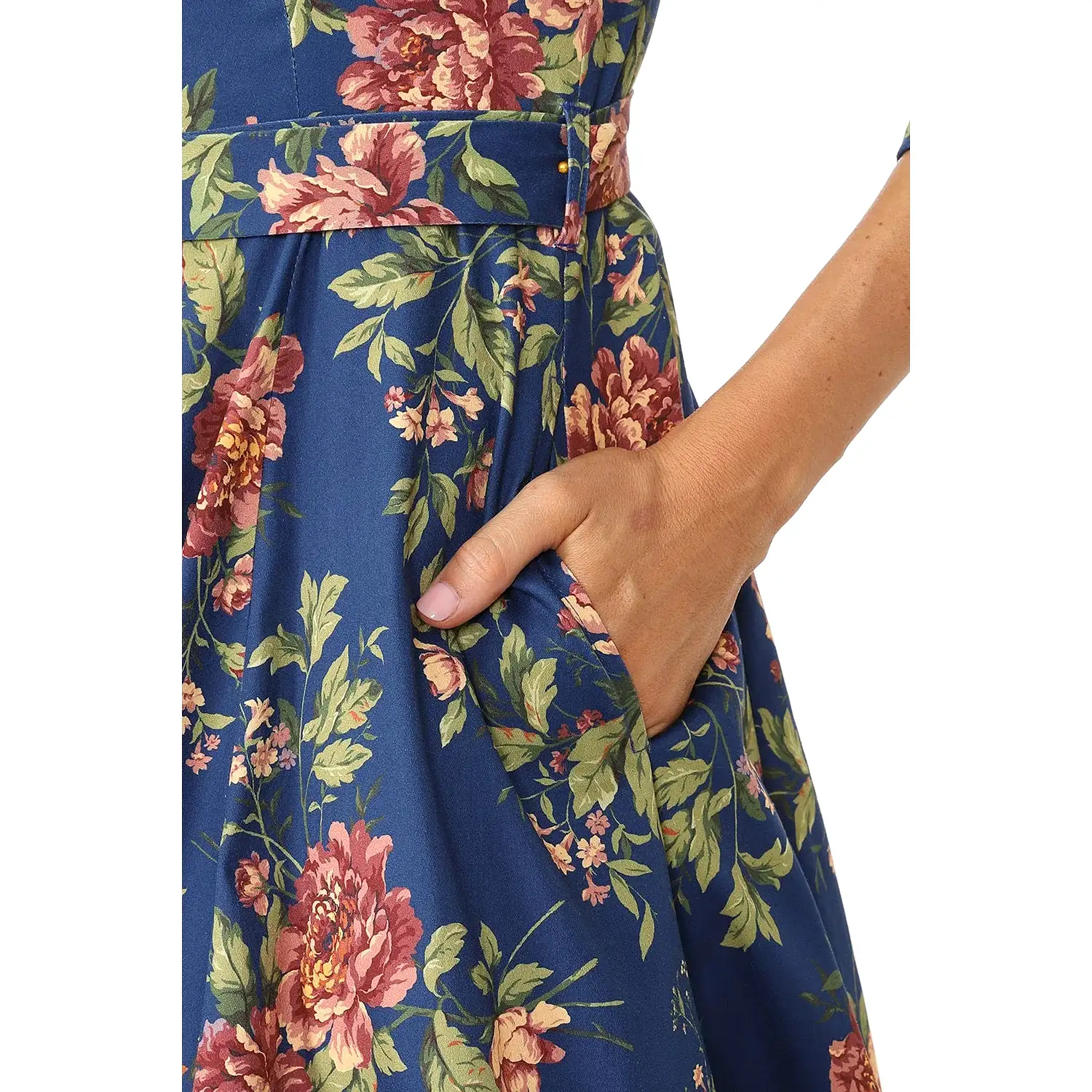 Blue Floral Print 50 Swing Tea Dress w/ Sweetheart Neckline & Pockets