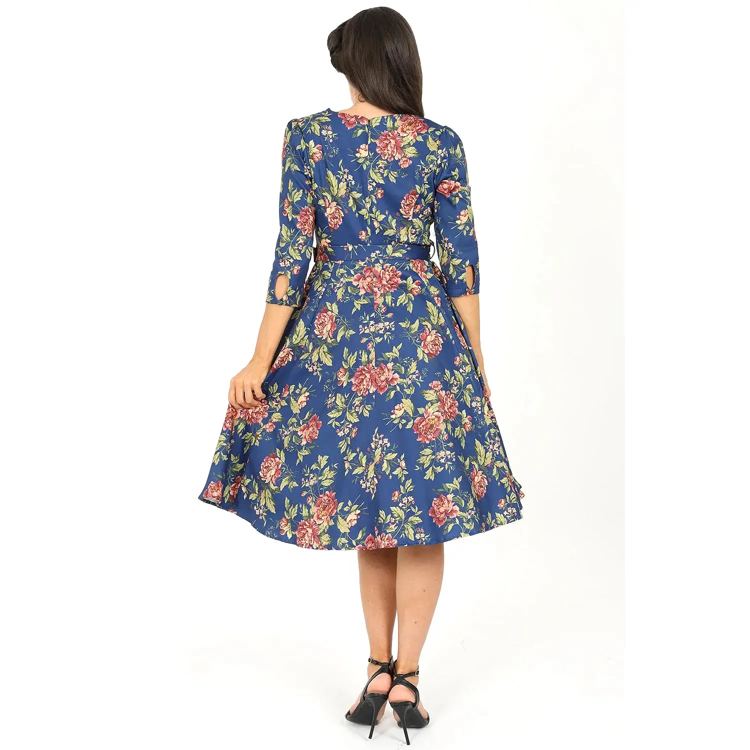 Blue Floral Print 50 Swing Tea Dress w/ Sweetheart Neckline & Pockets