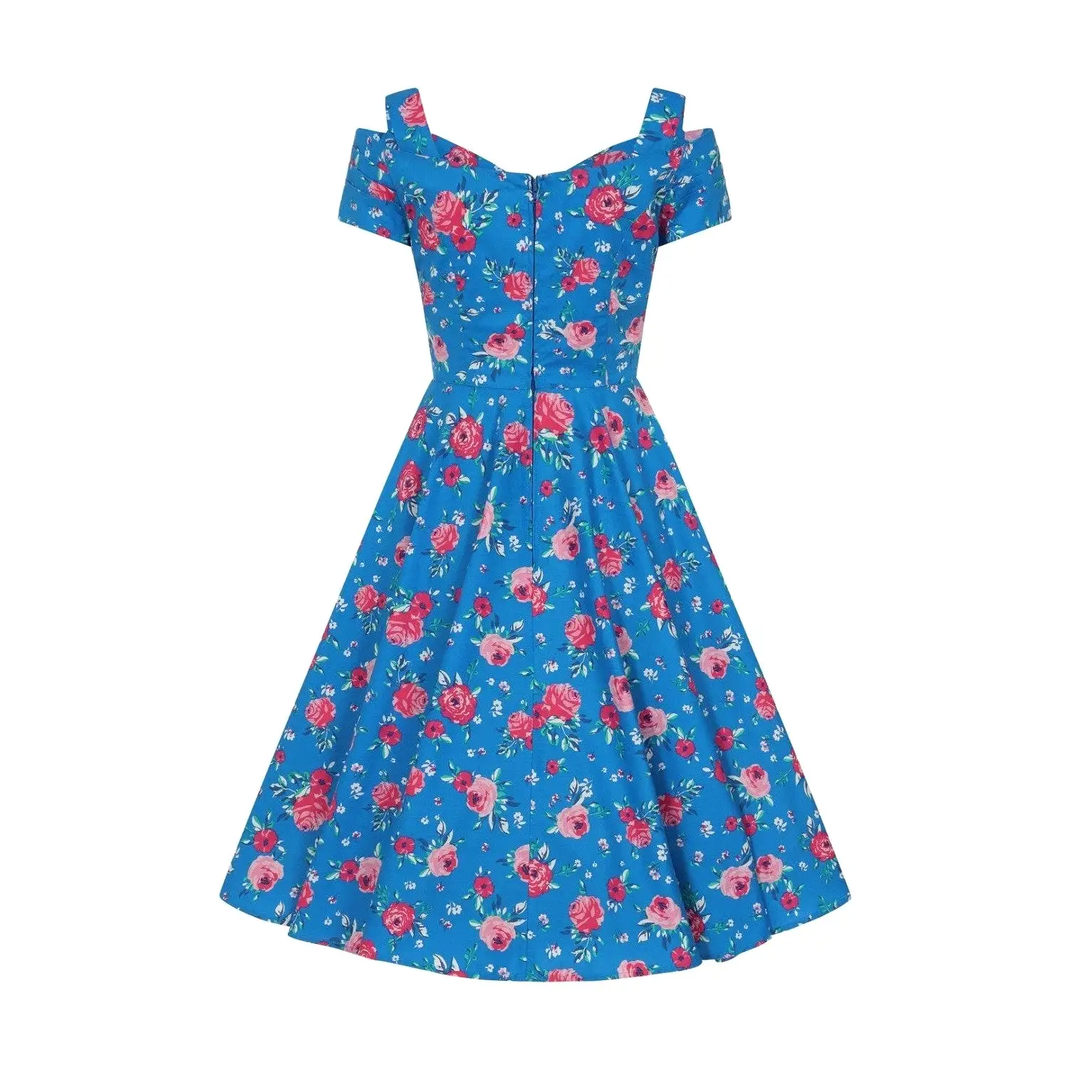 Blue Pink Floral Retro Cold Shoulder Swing Party Dress