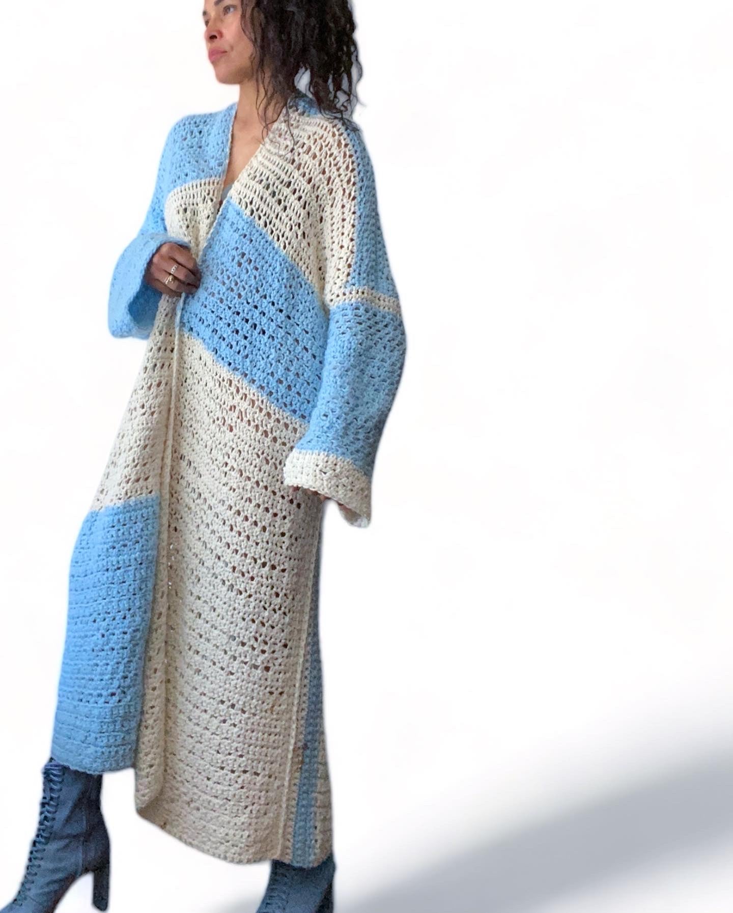 Blue White Crocheted Duster