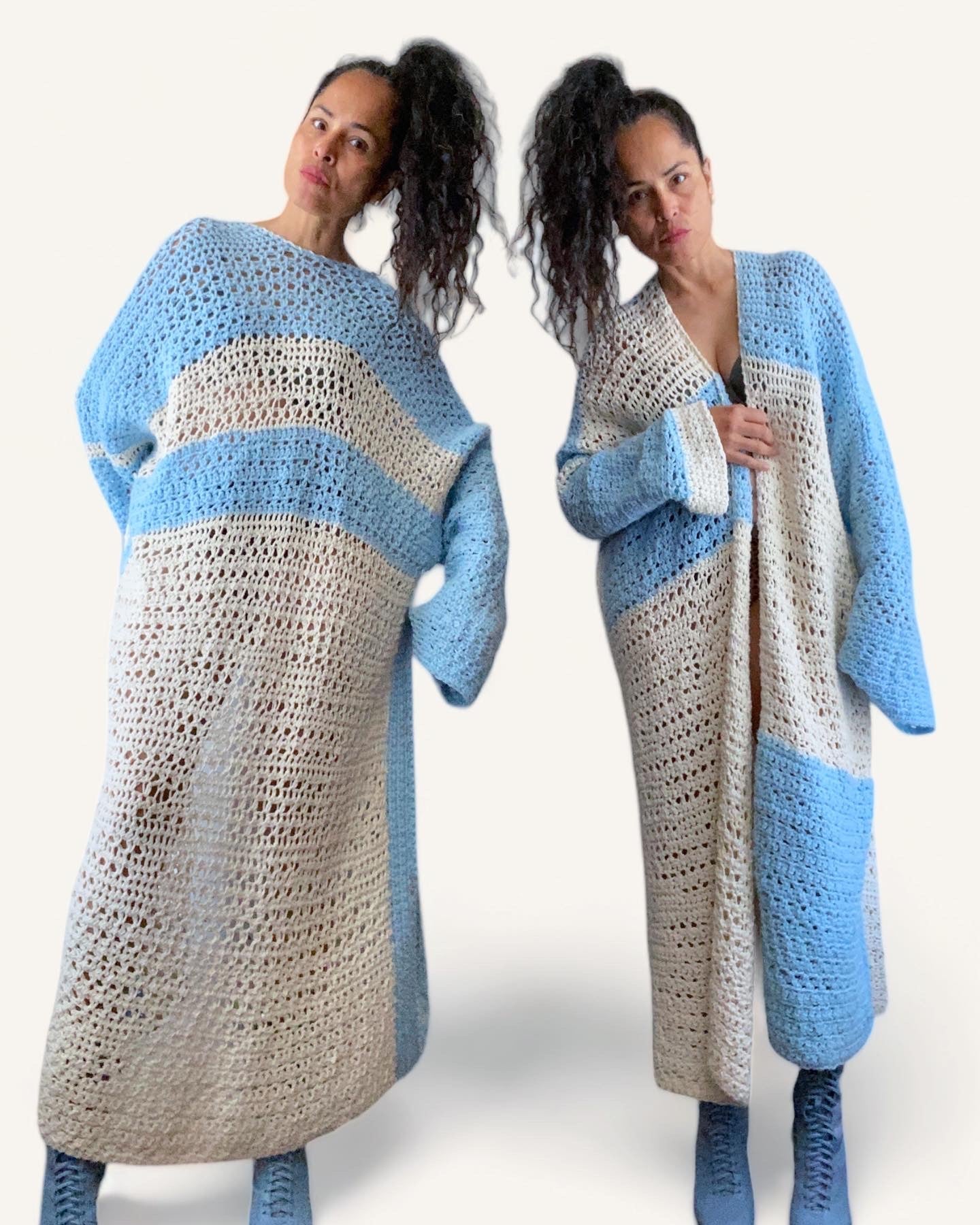 Blue White Crocheted Duster