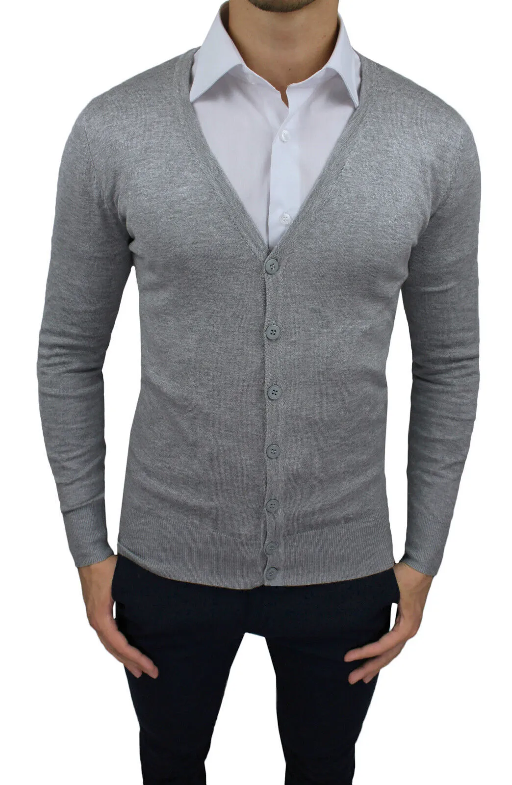 CARDIGAN MAGLIONE UOMO CASUAL GRIGIO CHIARO SLIM FIT ADERENTE S M L XL XXL 3XL