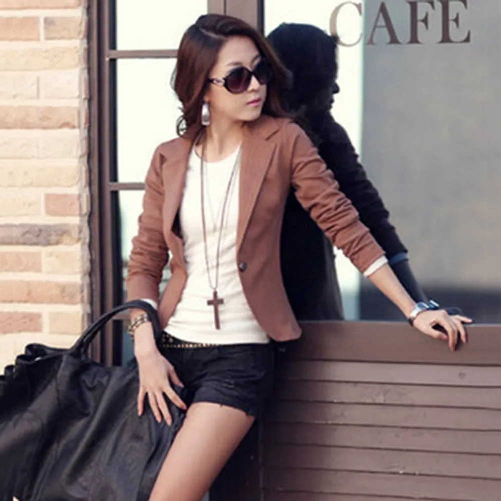 Casual Slim Solid Suit Jacket Coat Outwear Womens Fashion One Button Tops SM6