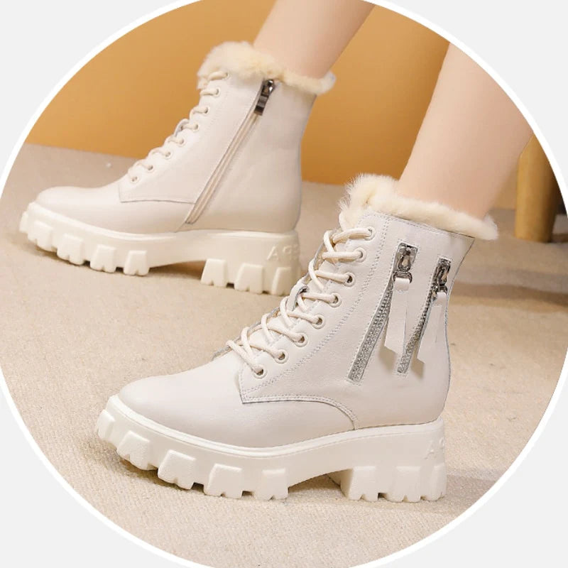 Casual Women's 7cm Genuine Leather Warm Fur Plush Lace Up Ankle Boots