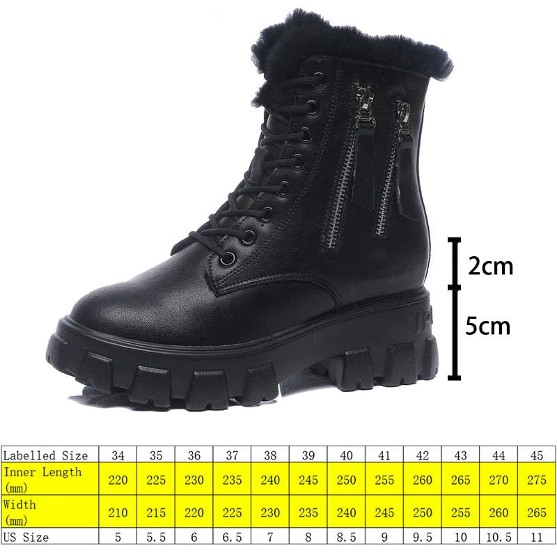 Casual Women's 7cm Genuine Leather Warm Fur Plush Lace Up Ankle Boots