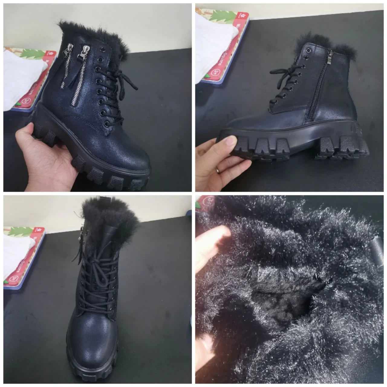 Casual Women's 7cm Genuine Leather Warm Fur Plush Lace Up Ankle Boots