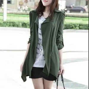 Casual women's Coat long Outerwear loose jacket Army Green for lady  SM6