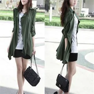 Casual women's Coat long Outerwear loose jacket Army Green for lady  SM6