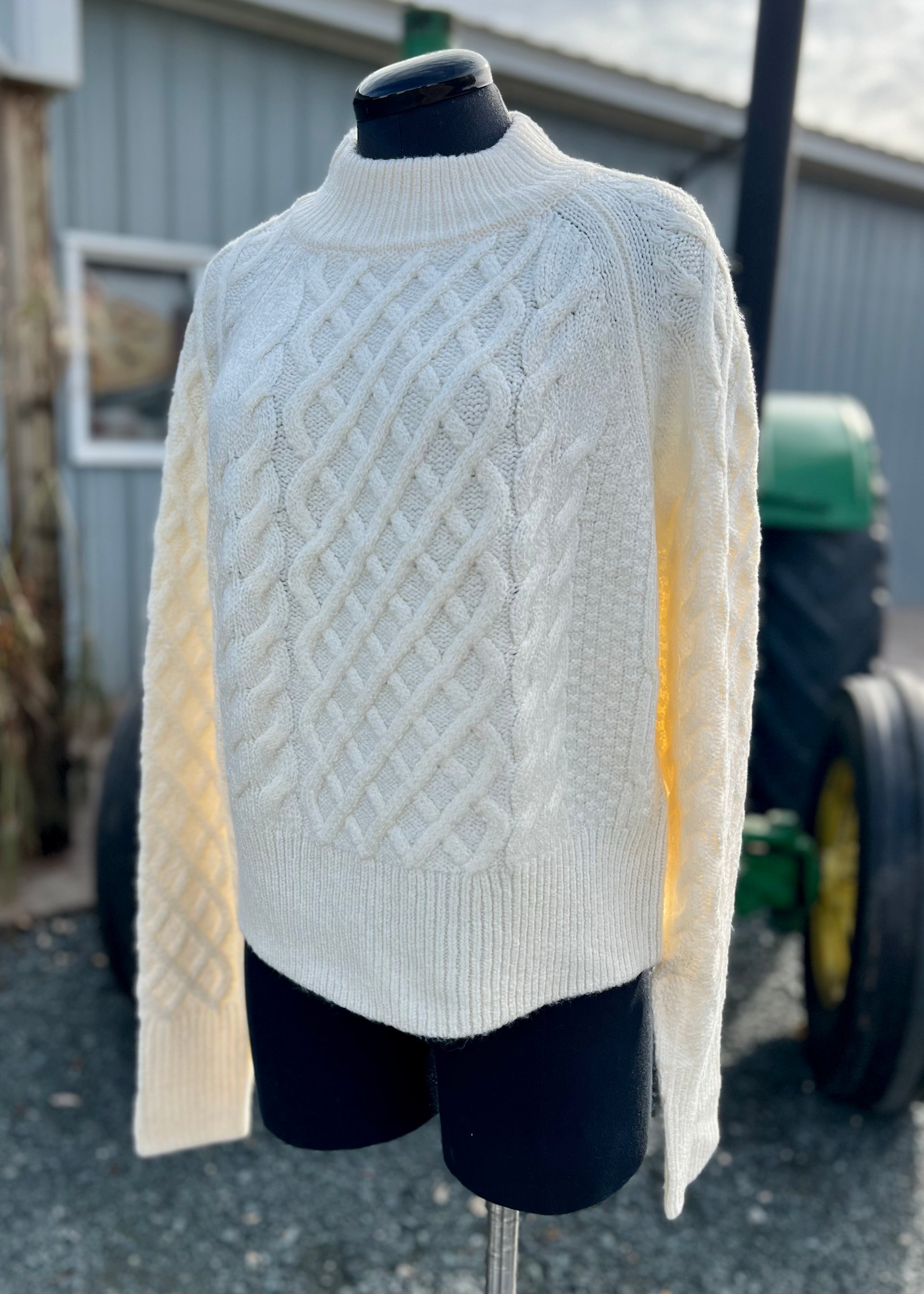 Cream Cable Knit Sweater with Mock Neck