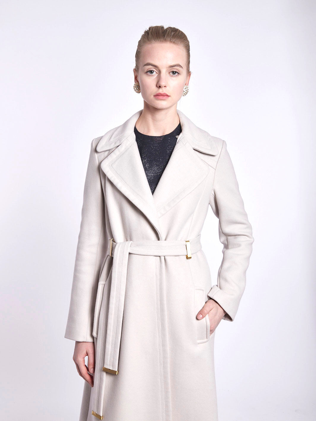 Cream-coloured Y2K Diane Von Furstenberg woollen coat with belt