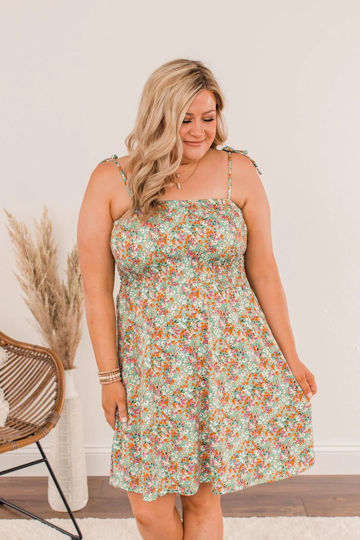 Dandelion Daydreams Floral Dress- Dusty Teal