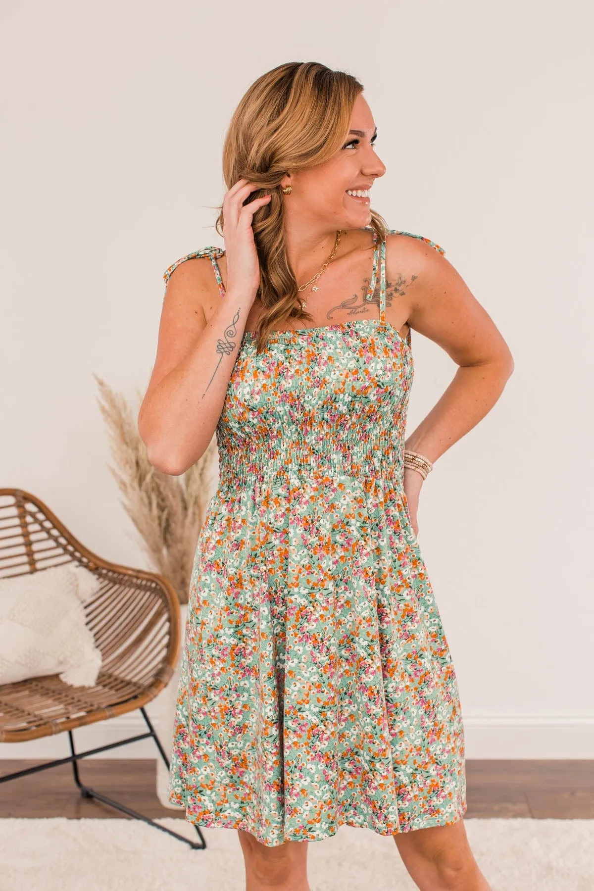 Dandelion Daydreams Floral Dress- Dusty Teal