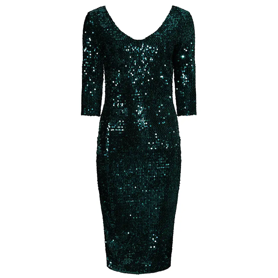 Emerald Green 3/4 Sleeve V Neck Velour Sequin Pencil Wiggle Party Dress