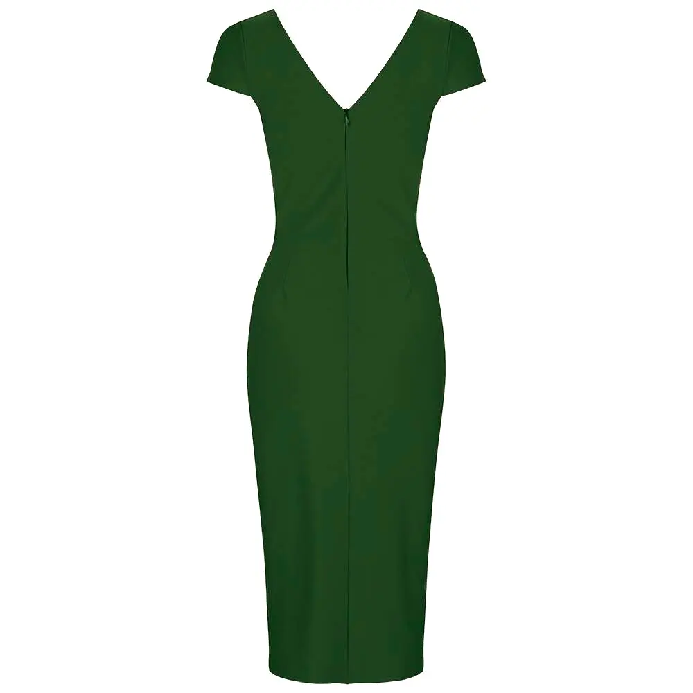 Emerald Green Cap Sleeve Crossover Top Bodycon Wiggle Pencil Dress