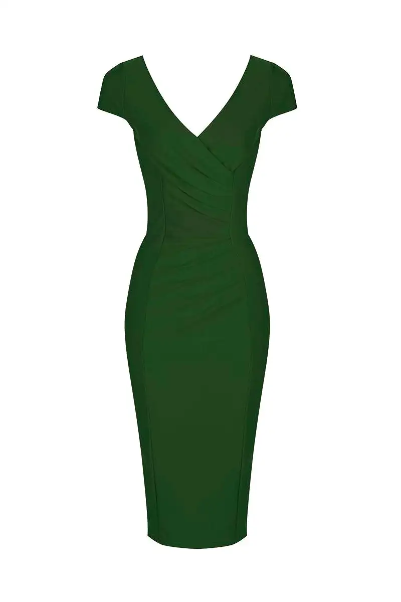 Emerald Green Cap Sleeve Crossover Top Bodycon Wiggle Pencil Dress