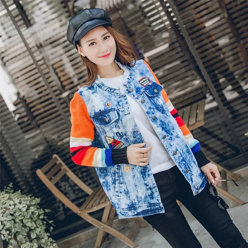 Fashion Autumn Sequins Embroidery Outwear Full Sleeve O-neck Hole Coat Print Jacket Plus Size Denim Knitting Jacket 71944 GS