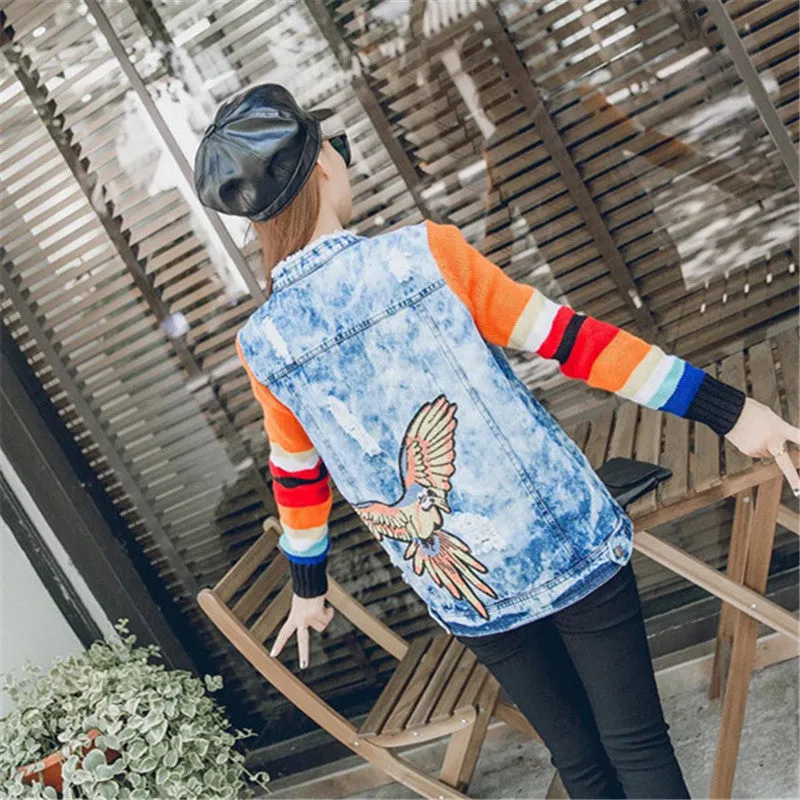 Fashion Autumn Sequins Embroidery Outwear Full Sleeve O-neck Hole Coat Print Jacket Plus Size Denim Knitting Jacket 71944 GS