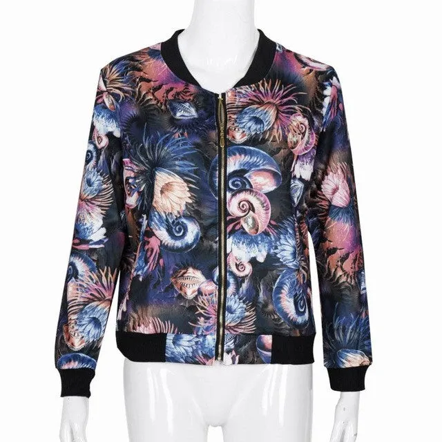 Floral Bomber Jacket Women Printing Flower Mutilcolor Long Sleeve Loose Casual Jacket Coats Veste Femme#C817 SM6