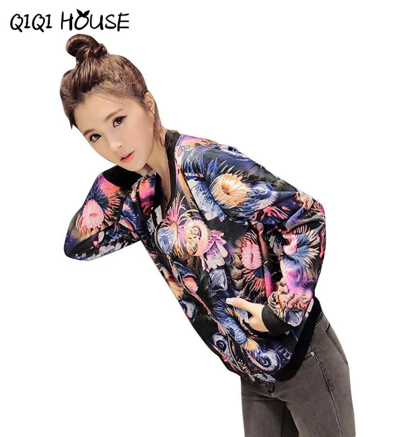 Floral Bomber Jacket Women Printing Flower Mutilcolor Long Sleeve Loose Casual Jacket Coats Veste Femme#C817 SM6