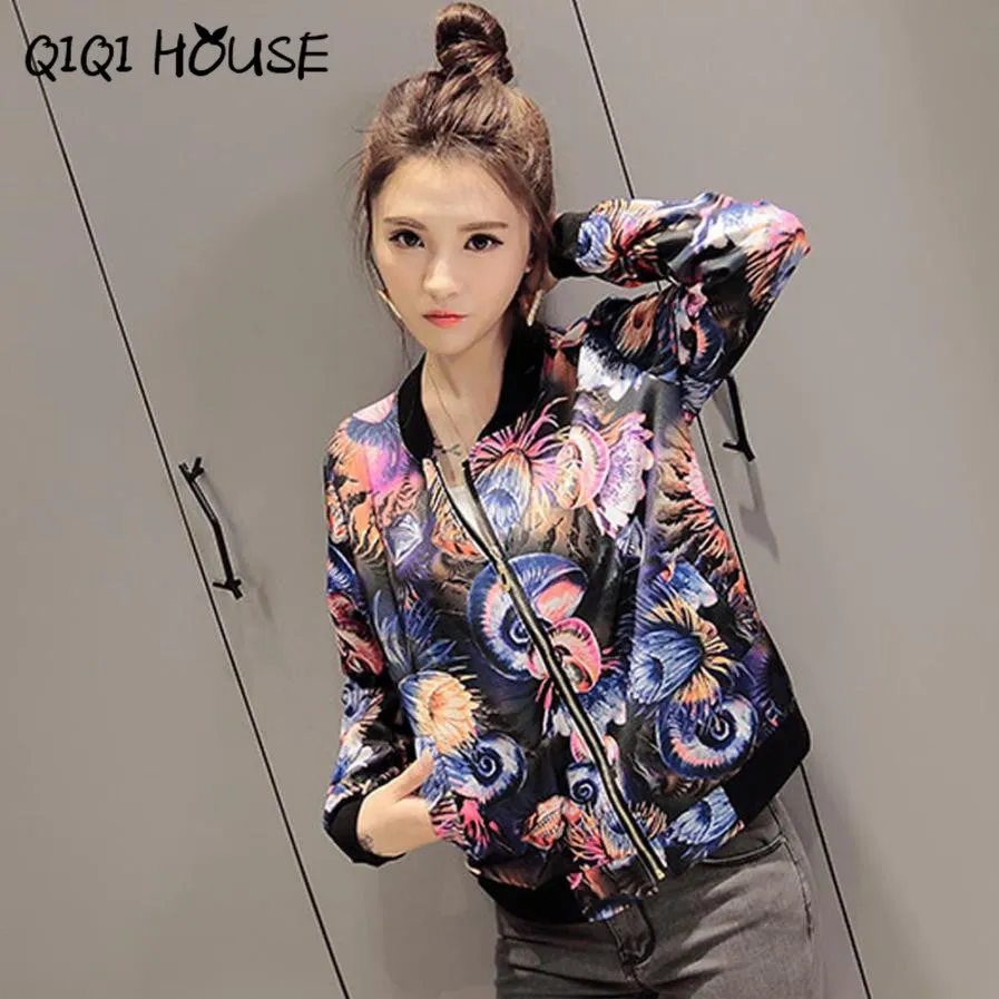 Floral Bomber Jacket Women Printing Flower Mutilcolor Long Sleeve Loose Casual Jacket Coats Veste Femme#C817 SM6