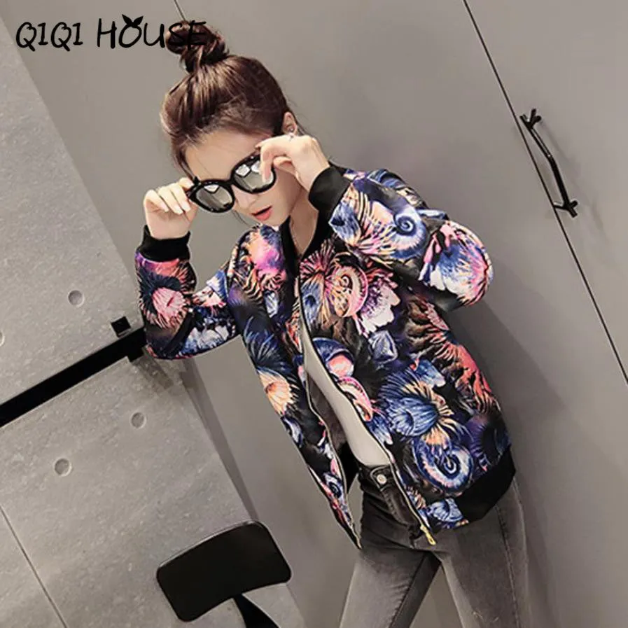 Floral Bomber Jacket Women Printing Flower Mutilcolor Long Sleeve Loose Casual Jacket Coats Veste Femme#C817 SM6