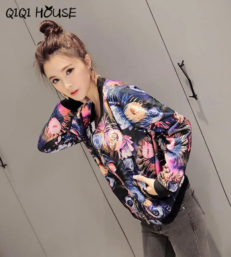 Floral Bomber Jacket Women Printing Flower Mutilcolor Long Sleeve Loose Casual Jacket Coats Veste Femme#C817 SM6