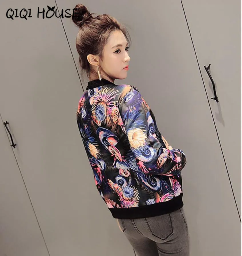 Floral Bomber Jacket Women Printing Flower Mutilcolor Long Sleeve Loose Casual Jacket Coats Veste Femme#C817 SM6