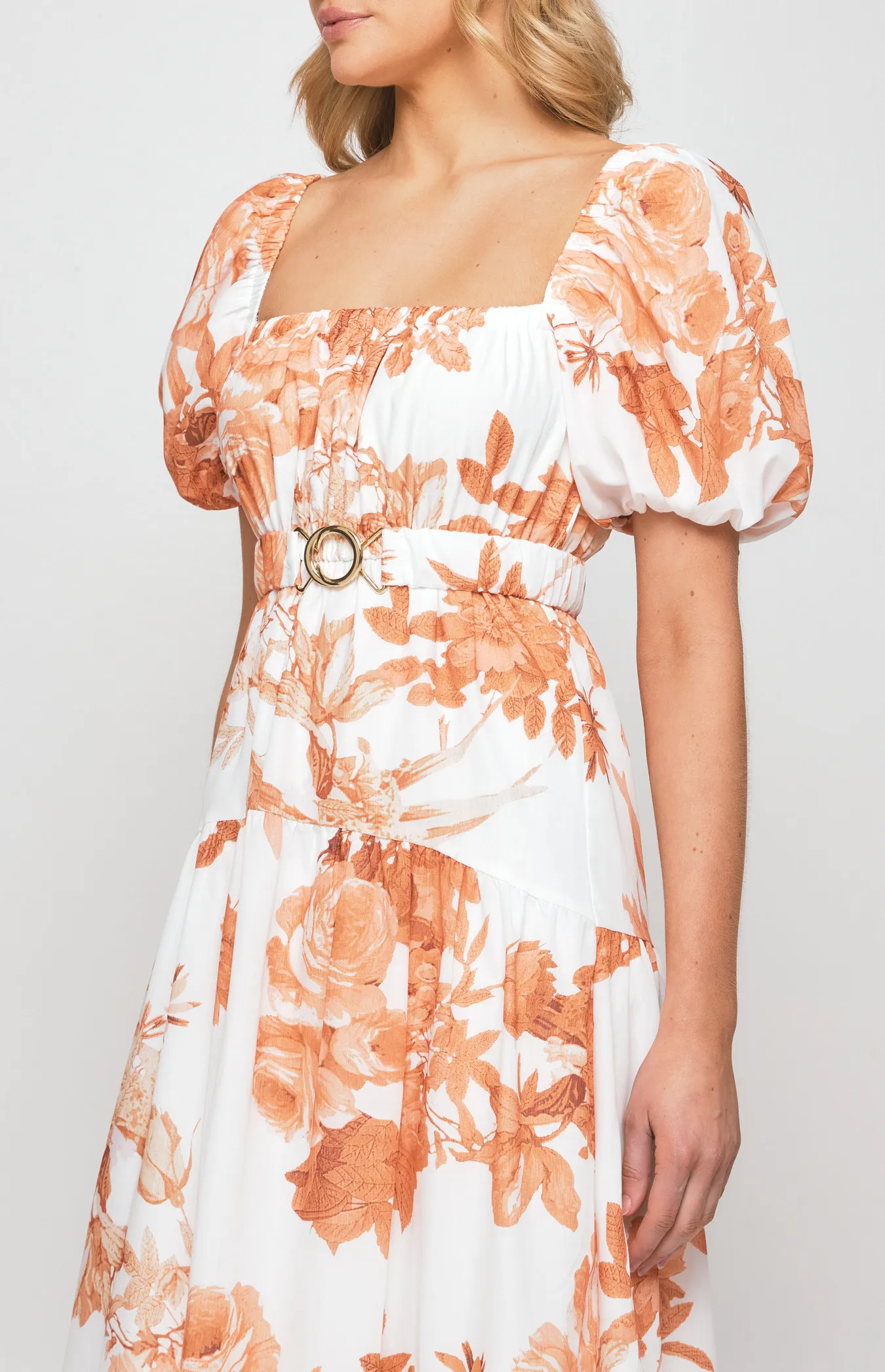 Floral Midi Dress with Metal Clasp Feature Belt (SDR1239A)