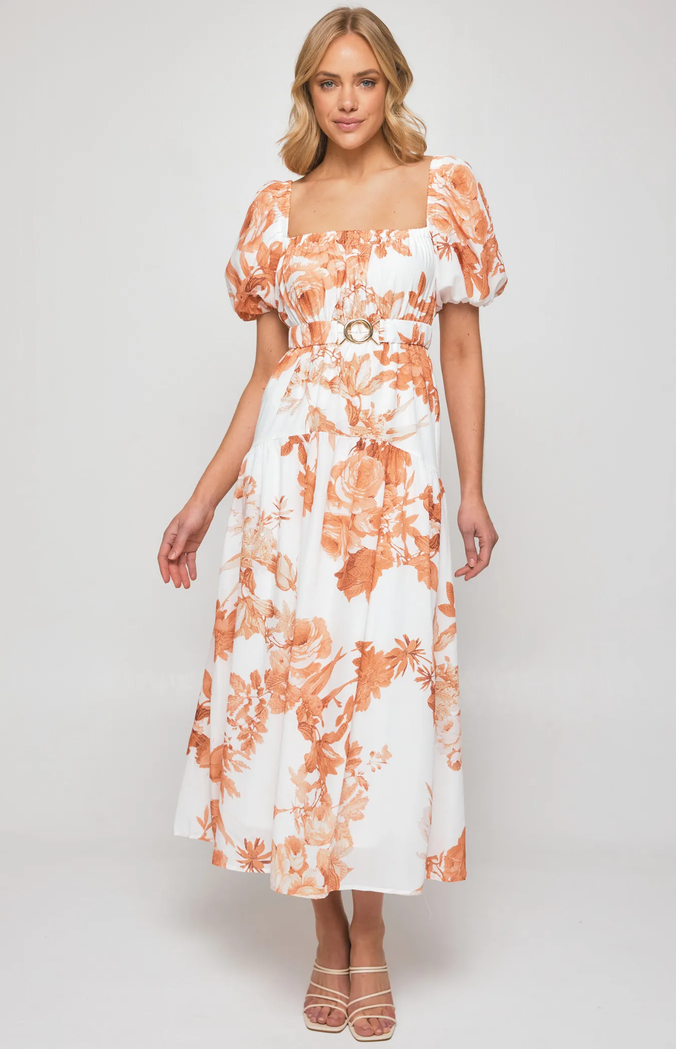 Floral Midi Dress with Metal Clasp Feature Belt (SDR1239A)